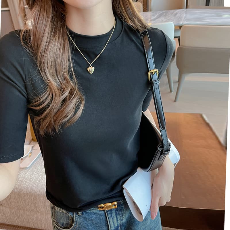Spring and Autumn Small Stand Collar Five-Sleeve Modal Crew Neck Base Shirt Women's Inner Layer Straight Shoulder T-Shirt Can Be Worn Outerwear for a High-End Look