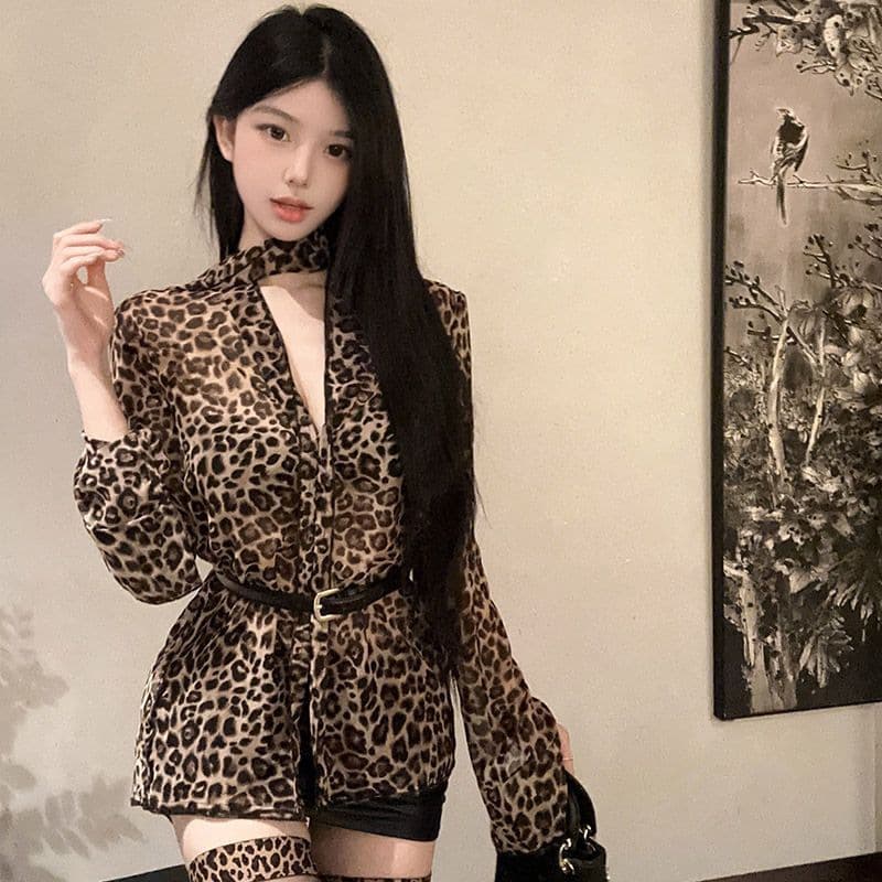 Summer Sun Protection Leopard Print V-Neck Long Sleeve Chiffon Shirt, Women's Pure Desire Mid-Length Fitted Blouse Top