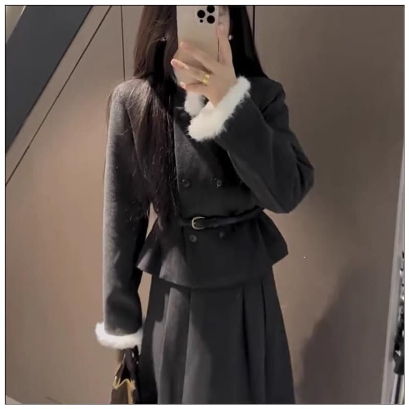 Korean Chic Rich Girl Chanel-Style Women's Set Fall/Winter High-End Look Double-Breasted Blazer and Skirt Two-Piece Set