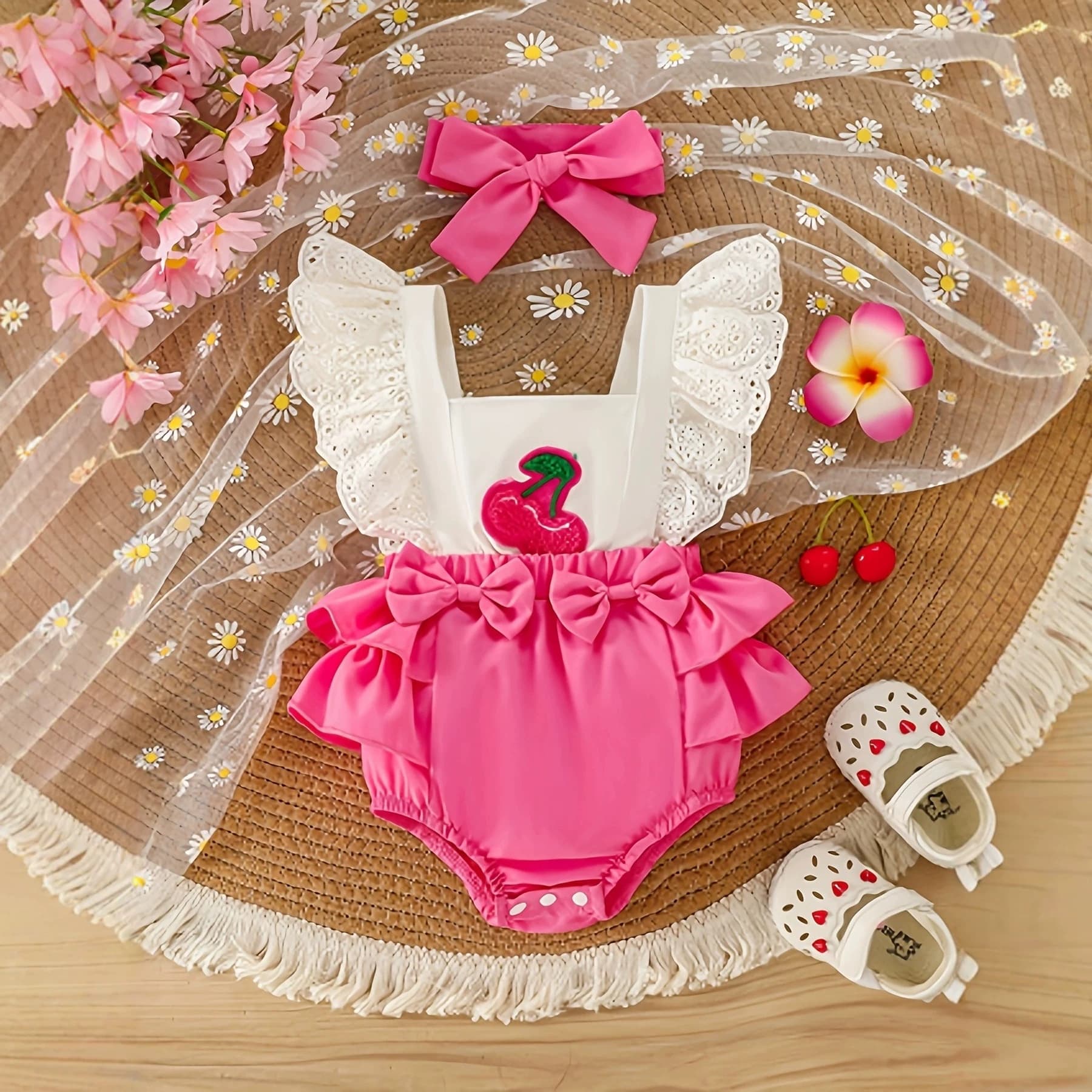 Cross-border new baby girl cherry flying sleeves jumpsuit + pink headband two-piece set