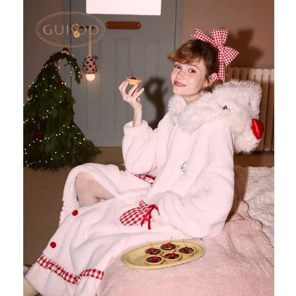 Guoke Same Style Pajamas Women Autumn Winter Coral Fleece Women's Robe Thickened Cartoon Wearable Out Loungewear Warm Nightgown
