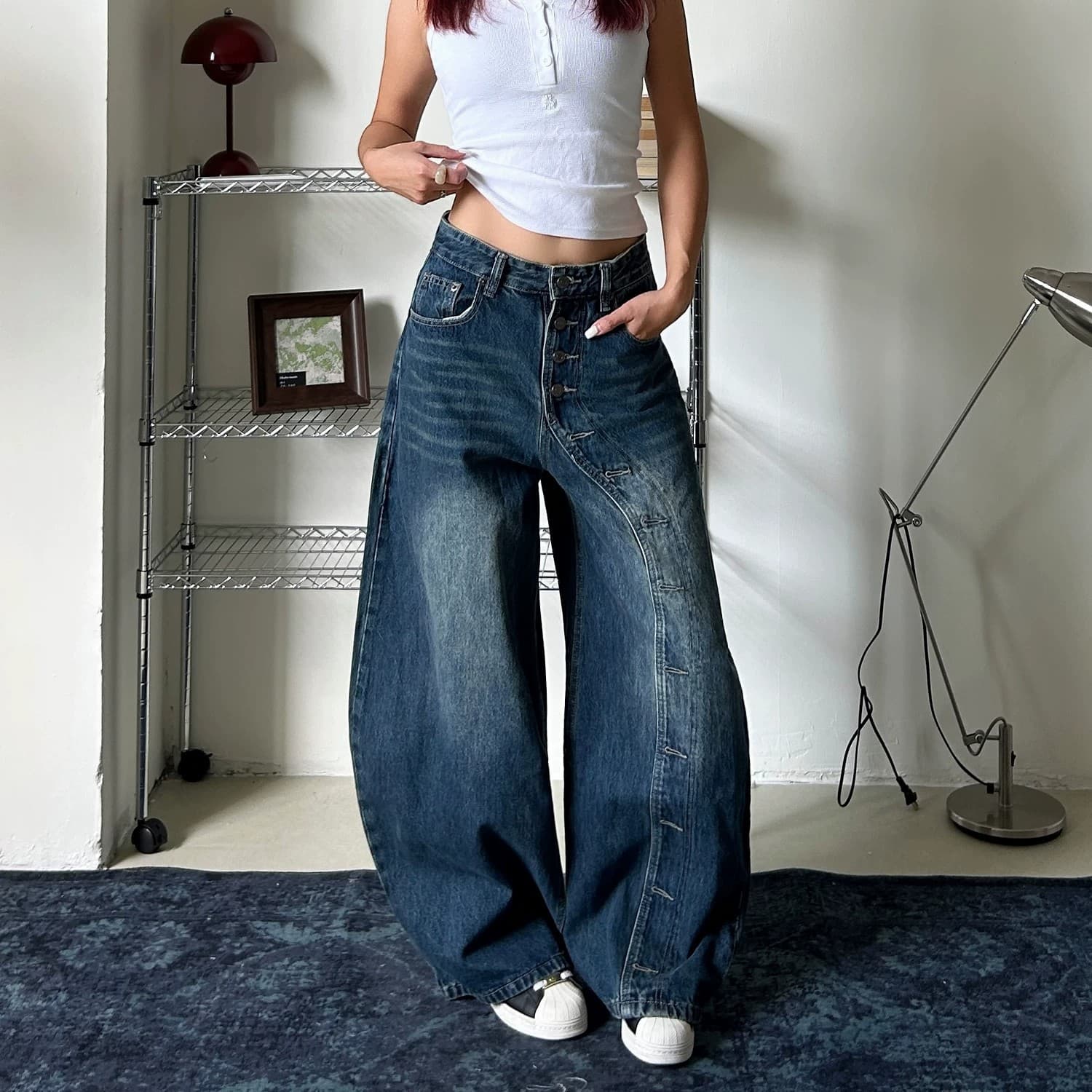 Denim Wide-Leg Pants for Men and Women, Spring/Summer 2026 New Trendy Retro Multi-Button Scimitar Pants, Slimming High-Waisted Straight-Leg Pants