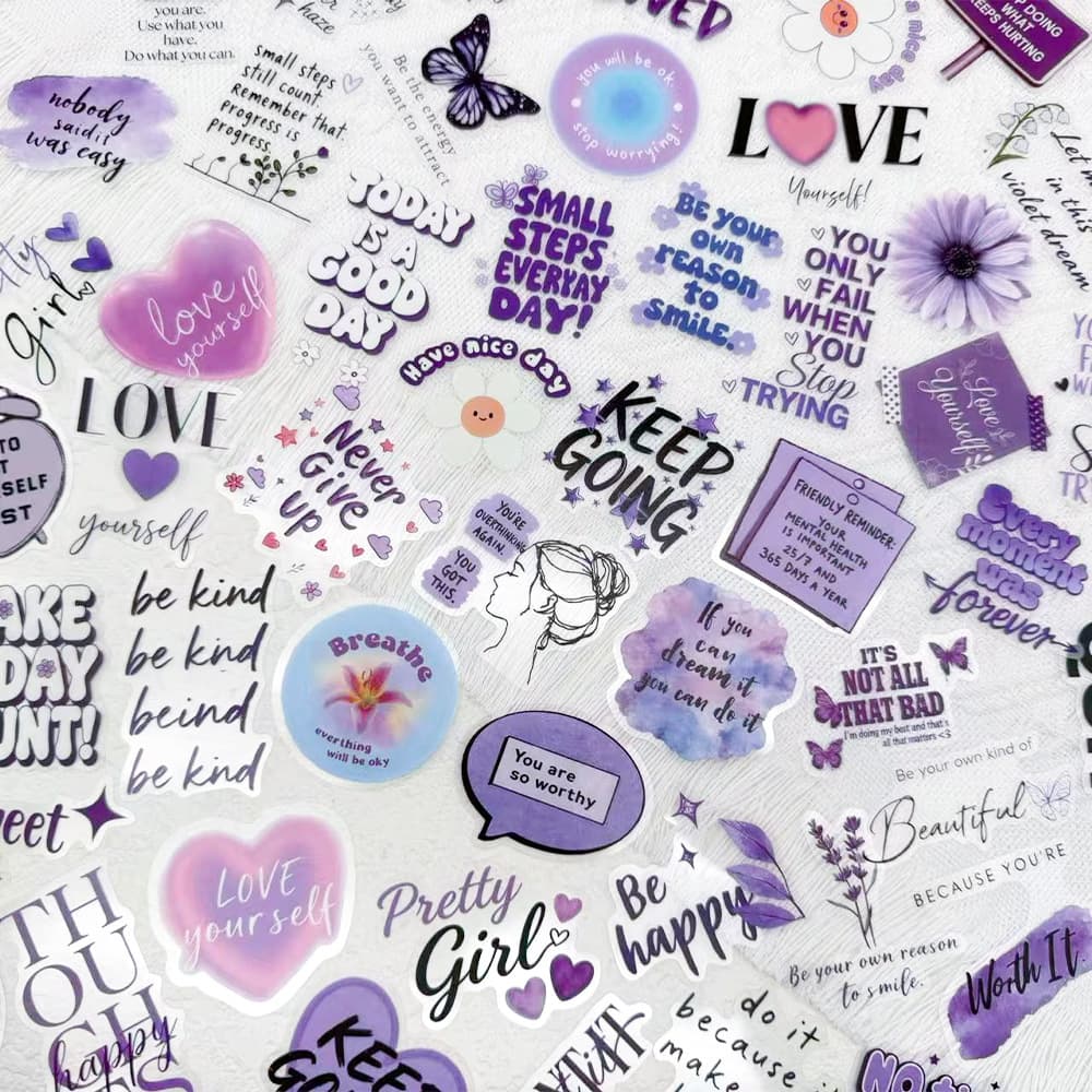50 purple positive inspirational PET transparent stickers for notebooks, mobile phones, DIY water cups, computer decoration waterproof stickers