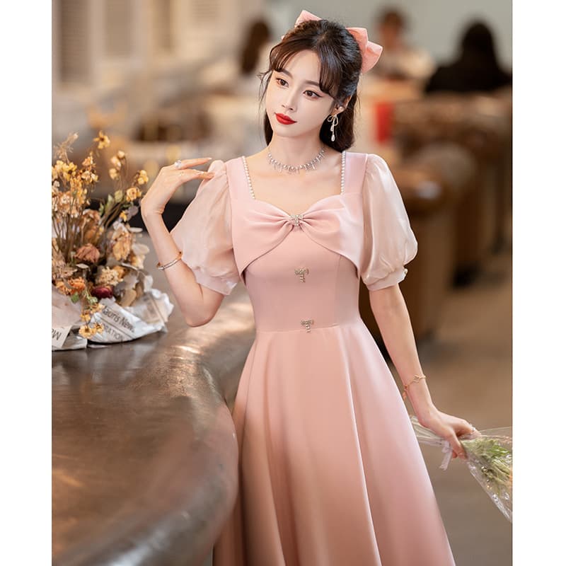 Pink Little Evening Dress for Women, Petite Formal Dress for Daily Wear, Engagement Dress, High-End Bridesmaid Dress for Fall and Winter