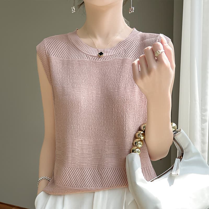 Wholesale women's curved bamboo ice silk vest spring and summer new pleated printing technology design sleeveless pullover knitted hanging