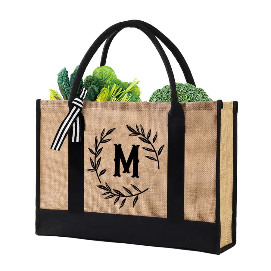 Factory direct supply jute open portable thickened camping shopping bag linen letter printed ribbon large capacity portable