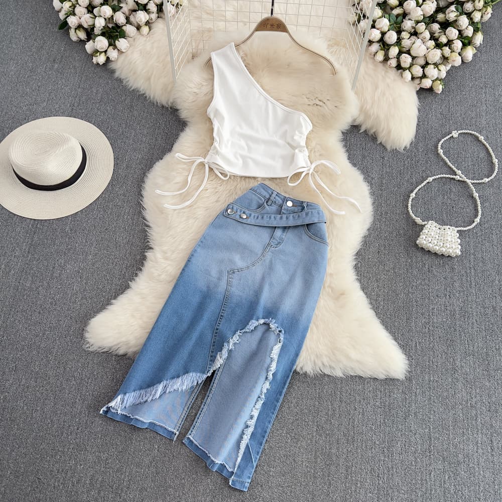 Fashionable Two-Piece Set for Women: Off-Shoulder Slim Crop Top with High-Waist Split Denim Skirt for Summer