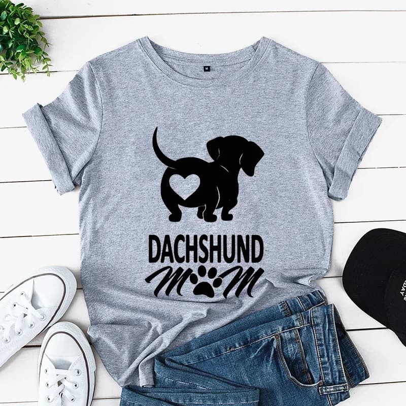 Dachshund Mom Print Women's Cotton Crew Neck Short Sleeve T-Shirt Dog Lover Fashionable Casual Wear Made in China
