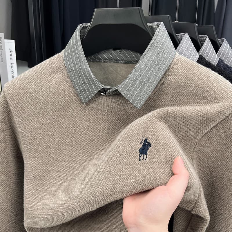 Knit base layer autumn winter men's sweater shirt collar fake two-piece top men's winter fashionable warm long sleeve