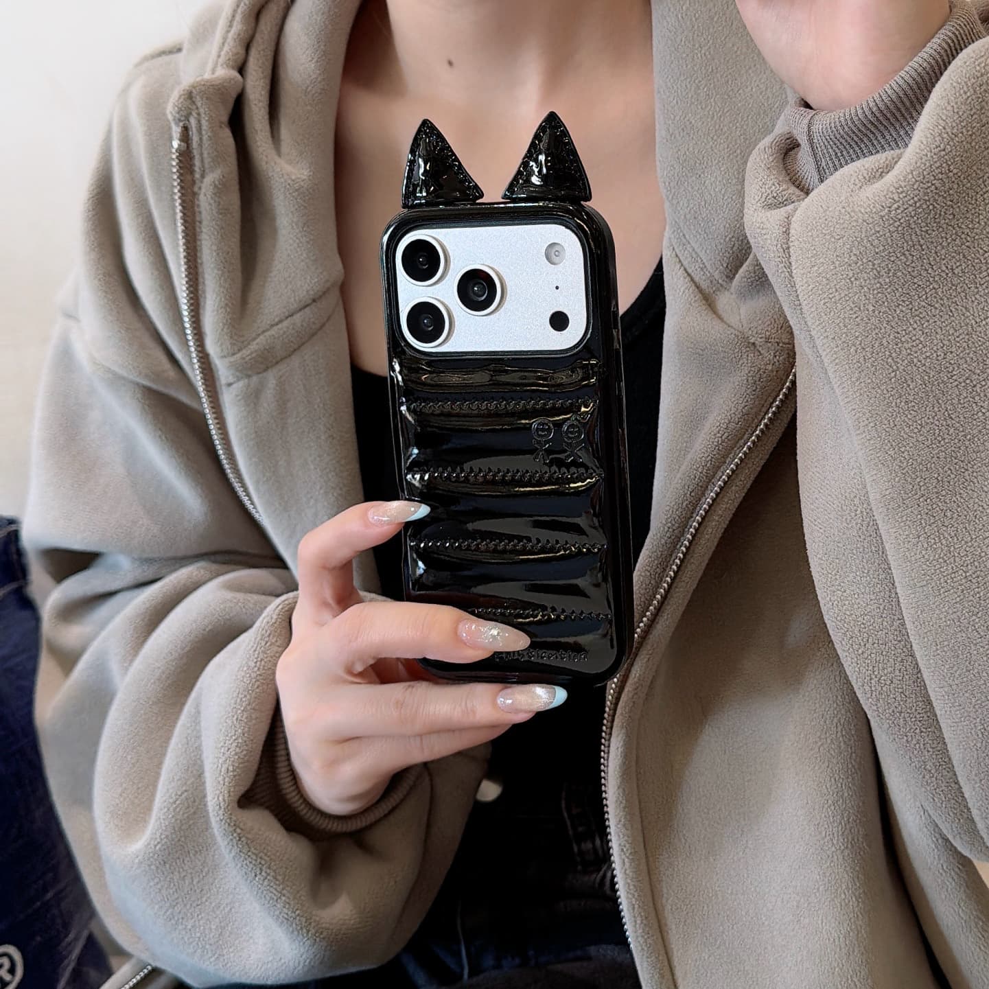 Creative Black Down Jacket Cat Ear iPhone 17 Apple 16 Compatible 14/15 Pro Max Phone Case 13