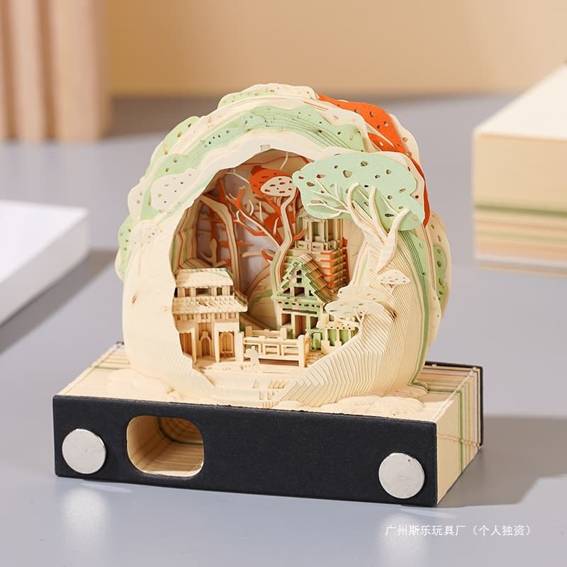 3D Paper Carving Chinese Style Tear-off Sticky Notes Flying Pavilion Flowing Red Mountain Journey Creative Gift for Men/Women Birthday