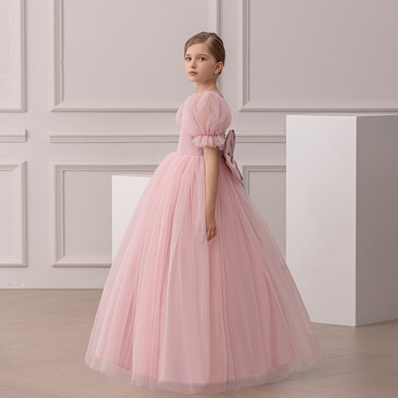 Girls Long Evening Dress for Piano Performance Birthday Party Bubble Sleeve Tutu Dress Flower Girl Wedding Princess Dress