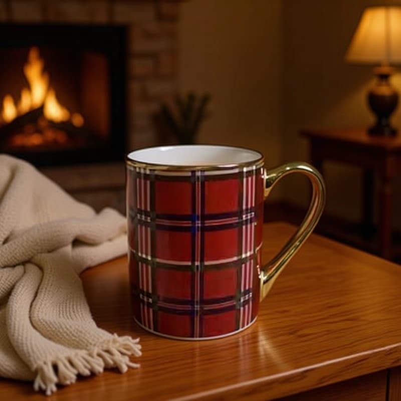 Vintage Plaid Electroplated Ceramic Mug High Temperature Resistant Eco-Friendly Christmas Gift