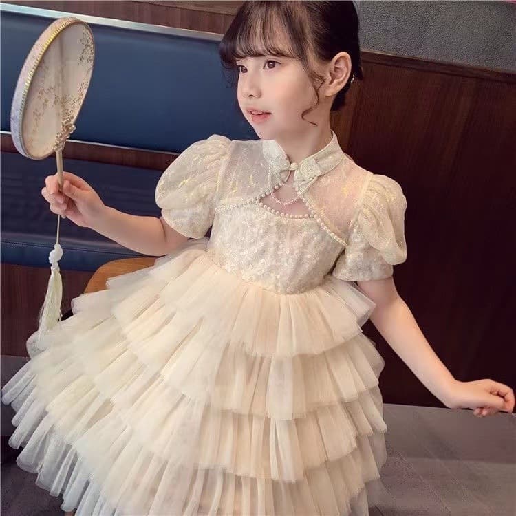 Girls Dress Chinese Style Girls Cheongsam Summer Dress 2026 New Style Children's Puff Sleeve Mesh Princess Dress