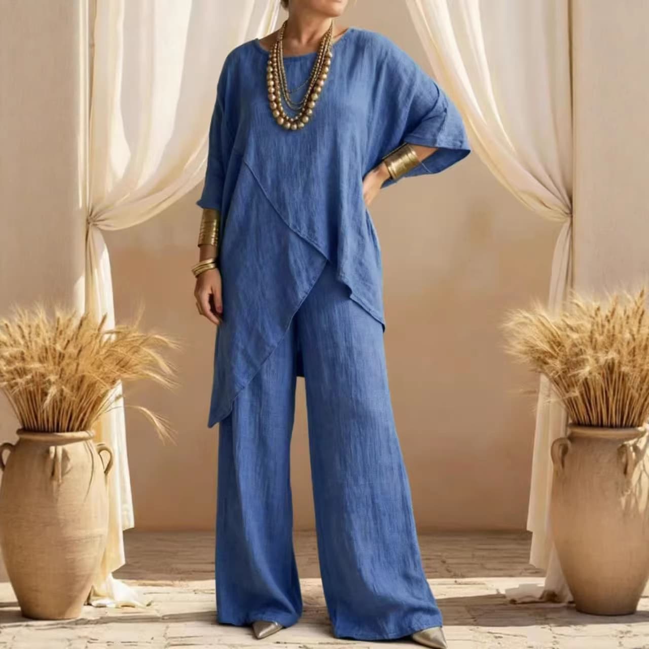 2026 Summer New European Cross-Border Women's Two-Piece Cotton Linen Sleeve Round Neck Loose Casual Irregular Hem Set