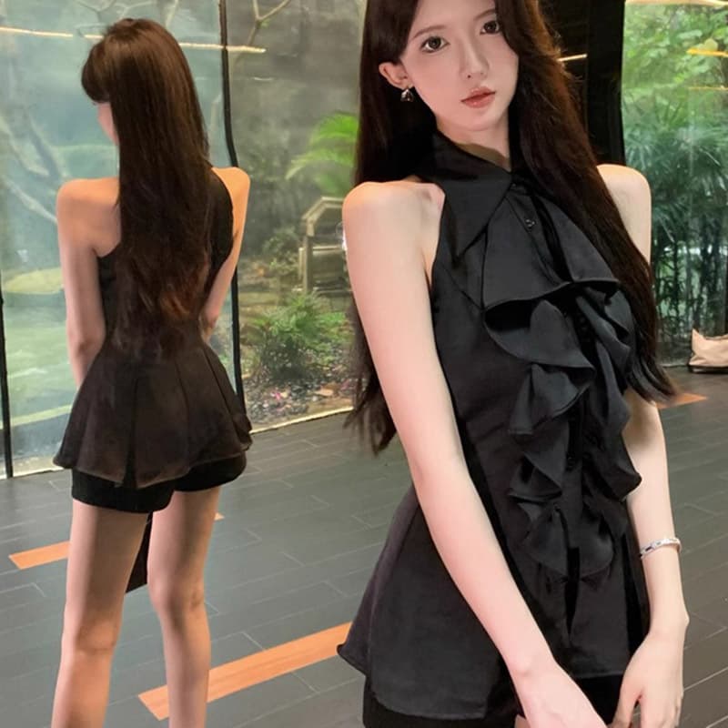 Official picture, actual price, ruffled sleeveless shirt top, women's summer French style mid-length waist slim shirt
