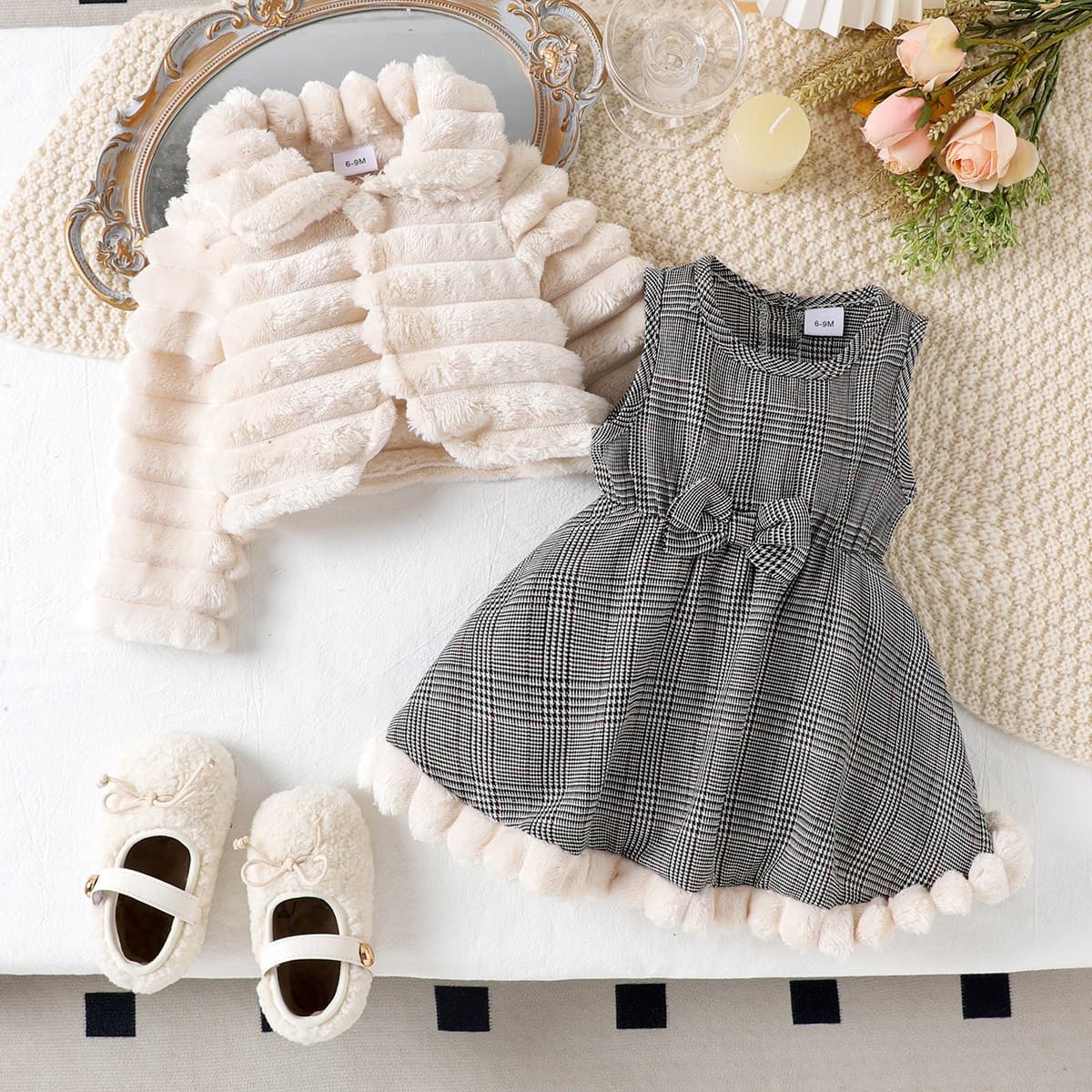Baby Girls Clothes 0-3Y Baby Girls Autumn and Winter Sleeveless Prince Check Dress + Long Sleeve Plush Shawl