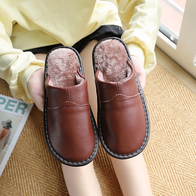 Haining Cowhide Slippers Men/Women Autumn/Winter Couple Anti-Slip Home Indoor Floor Warm Genuine Leather Cotton Slippers Wholesale