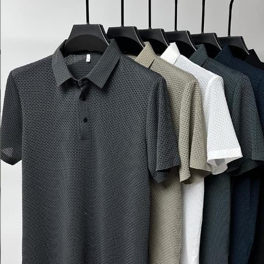 Mesh ice silk short-sleeved T-shirt men's shirt collar 2026 summer solid color new slip material polo shirt half-sleeved men's clothes