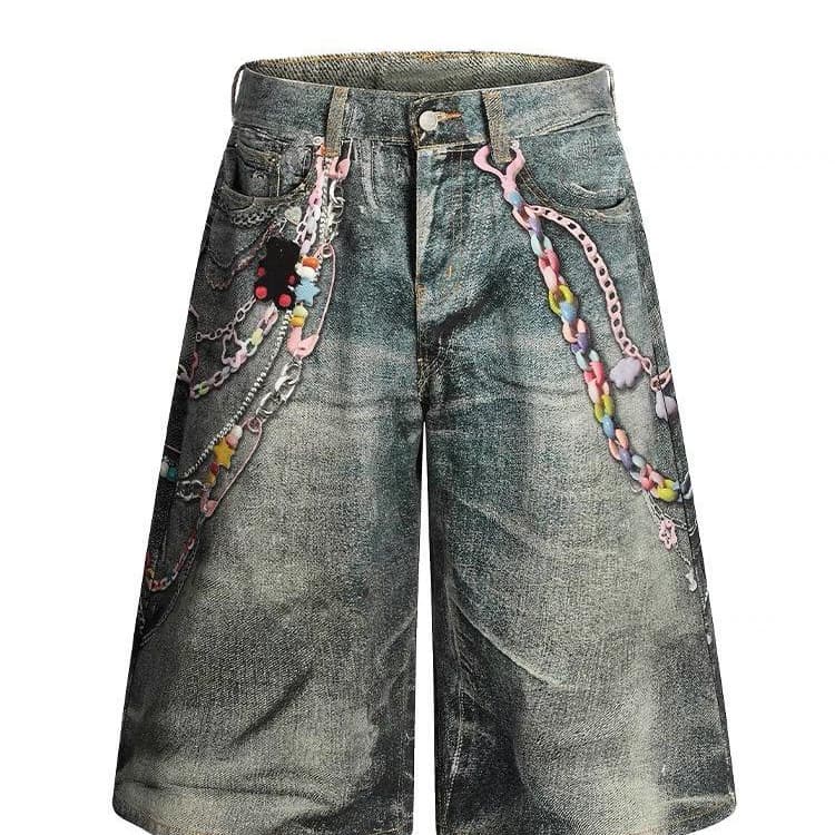 2025 New 3D Digital Printed Chain Pattern Denim Shorts Distressed Cropped Pants Straight Leg Wide Leg Mid Pants Summer