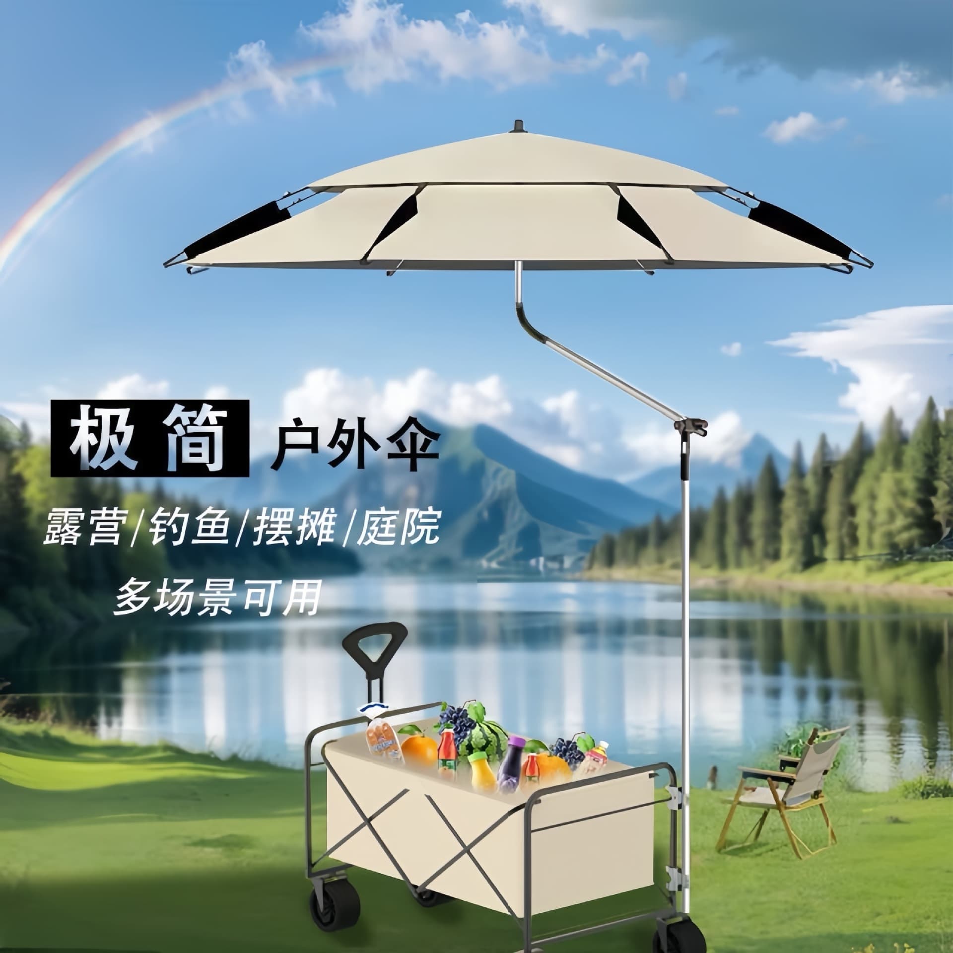 Folding Black Coated Umbrella for Stall Trolleys, Camping Vehicles, Fishing Sun Protection, and Outdoor Angling