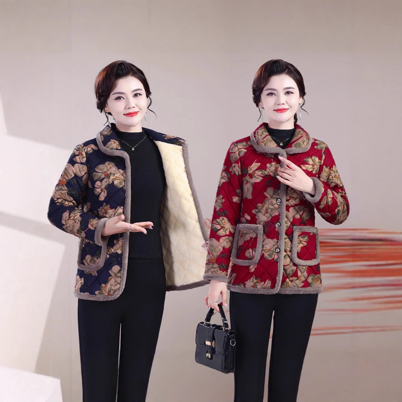 Winter women's padded coat with collar, fleece lining, thickened, warm floral print, suitable for middle-aged and elderly women.