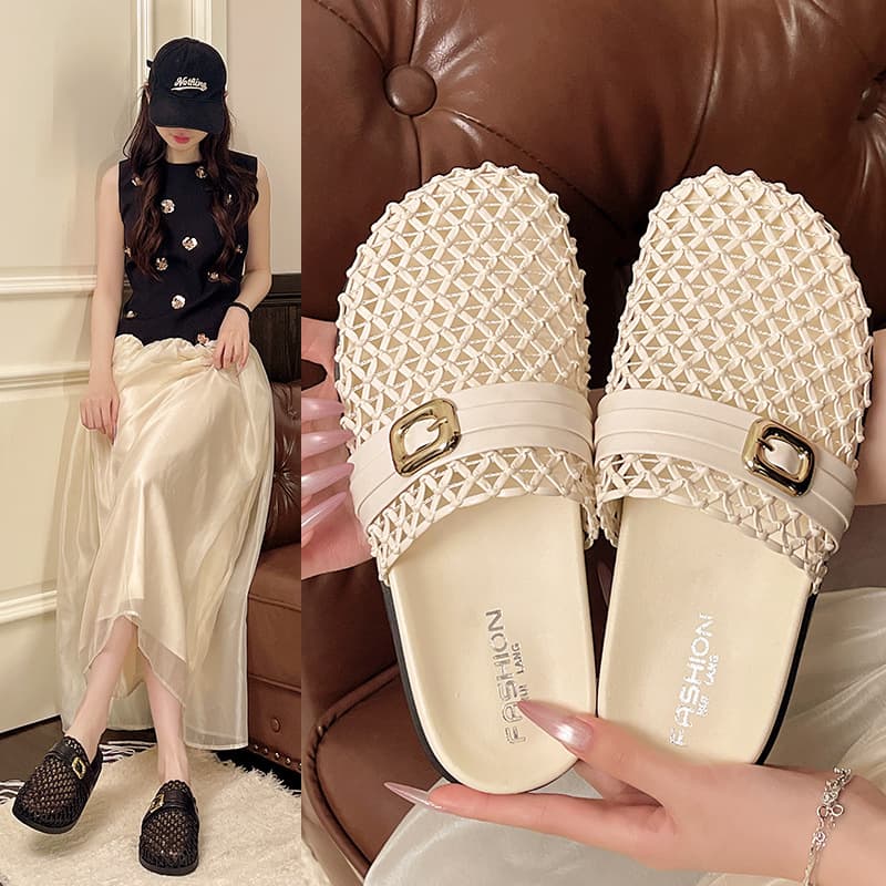 Hollow Open-Toe Half Slippers Women 2026 Summer New Style French Low Heel Chanel-Style Breathable Sandals