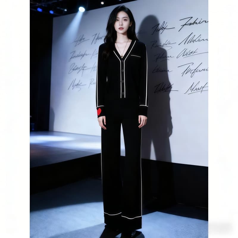 6671 French Retro Casual Knit 2026 Autumn New Style Elegant Slimming Heart Accent Wide-Leg Pants Two-Piece Set