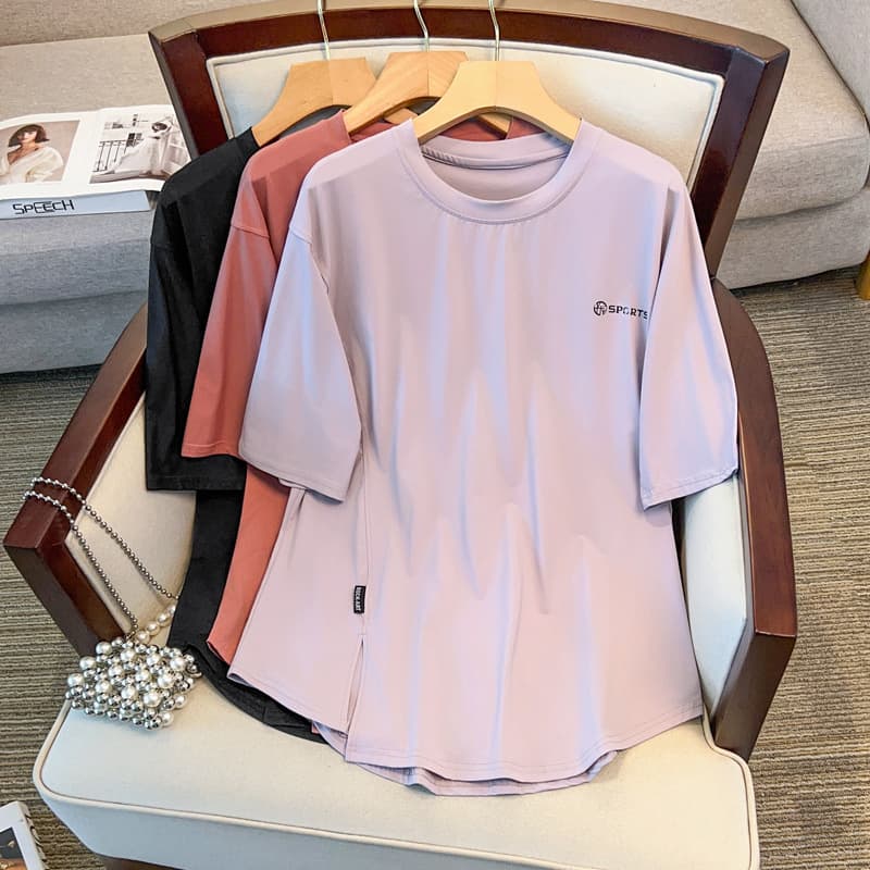 Quick-drying casual half-sleeved women's 2025 new version plus size loose casual versatile slimming ice silk short-sleeved T-shirt with round hem