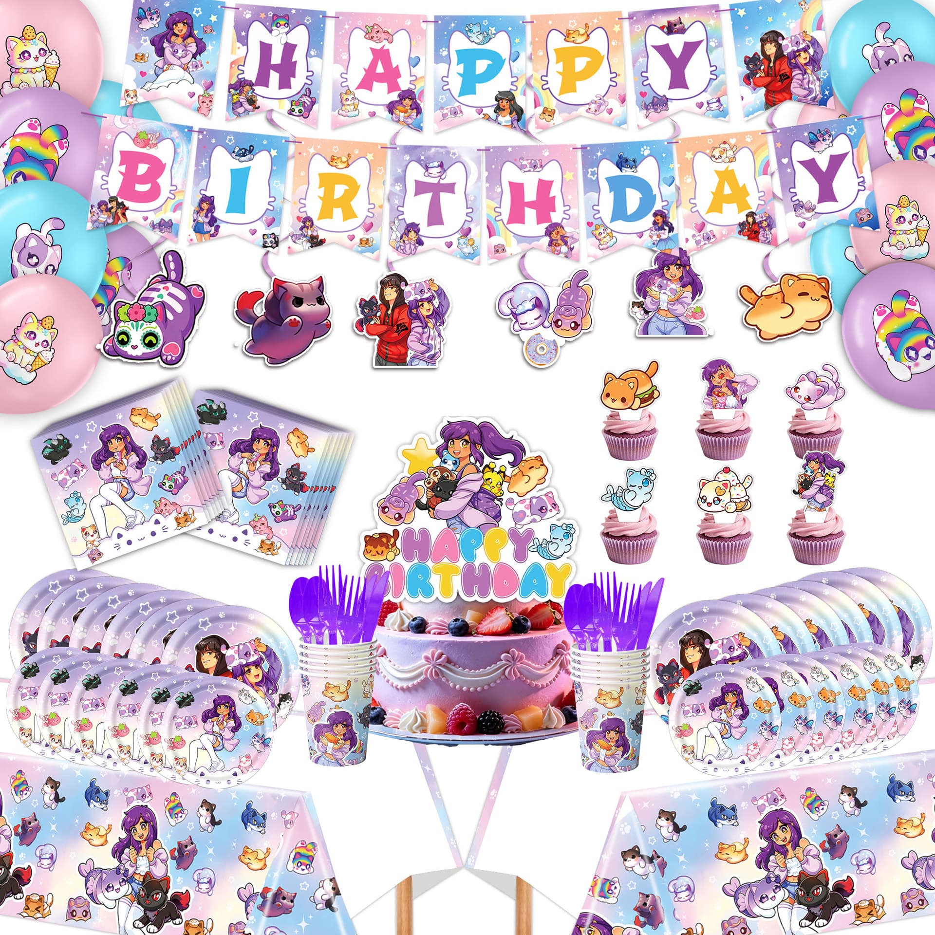 Amazon New Aphmau Toy Cat Theme Birthday Party Paper Plate Set Tablecloth Banner Pennant Banner Balloons