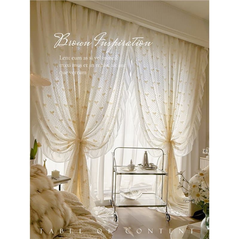 French Romantic Vintage Cream Bow Embroidery Princess Style Rococo Ruffle Sheer Curtains with Light Transmission