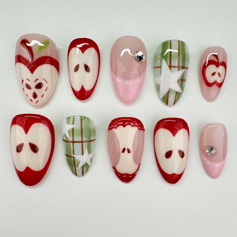 Removable 30-Piece Almond Red Pink Apple Pattern Press-On Nails with Rhinestones Fake Nails Nail Tips