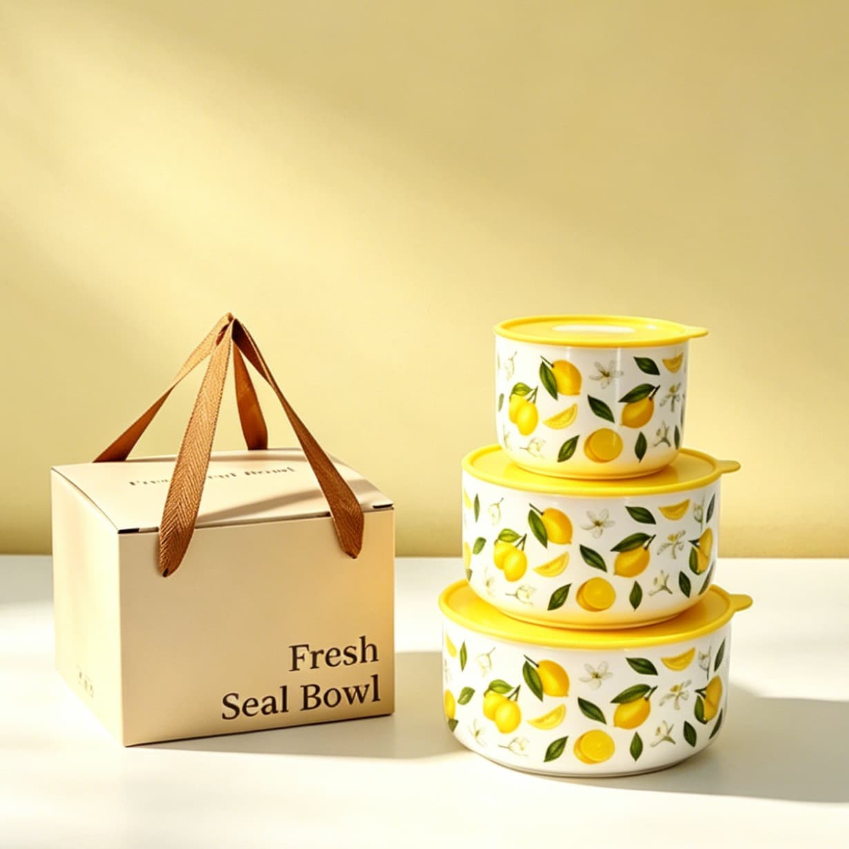 New Fresh-Keeping Bowl 3-Piece Set, Microwave-Safe Ceramic Bowls with Lids, Sealed Bowls, Gift Box Packaging, Custom LOGO Promotional Gift
