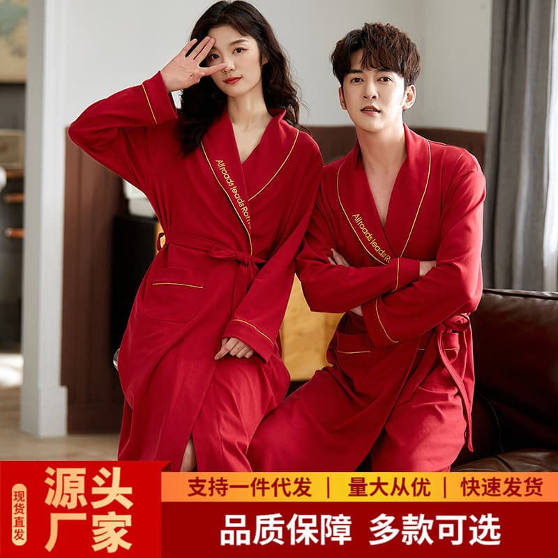 Big red couple's pajamas spring and autumn pure cotton long-sleeved large size zodiac year newlywed wedding celebration pajamas home clothes