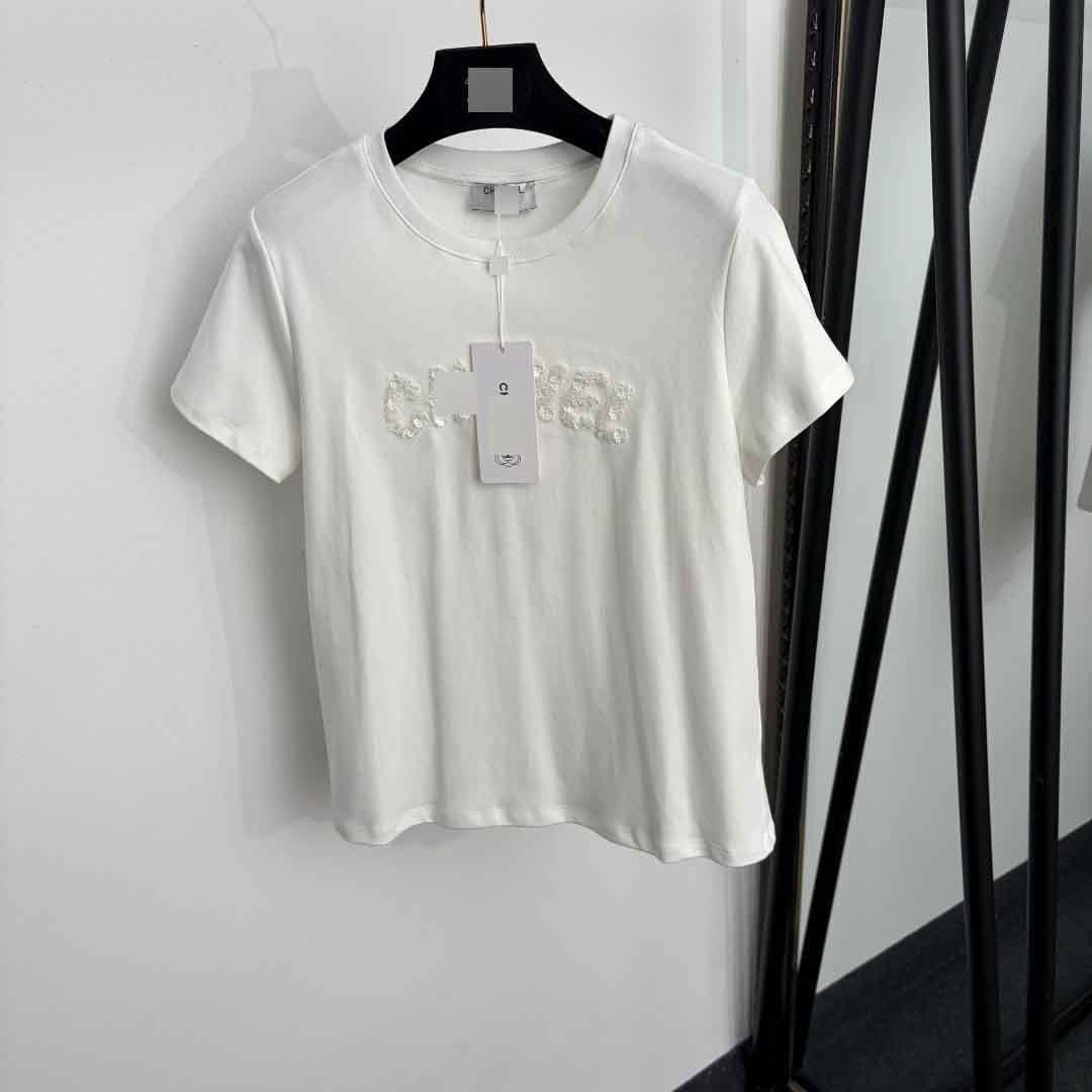 Nanyou Premium Export Women's New Elegant Fitted Sporty Casual Sequins Beaded Letter Embroidery Cotton Short Sleeve T-Shirt