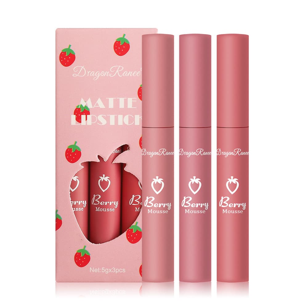 3-Piece Strawberry Set Velvet Matte Lip Gloss Lipstick Lip Glaze Cute Women's Set