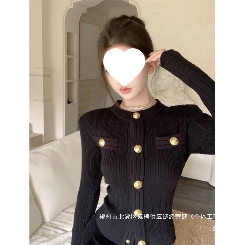 Factory Direct Sales French Style Light Fragrance Sweater Women's Autumn Temperament Short Knitted Cardigan Jacket Slim Fit Black
