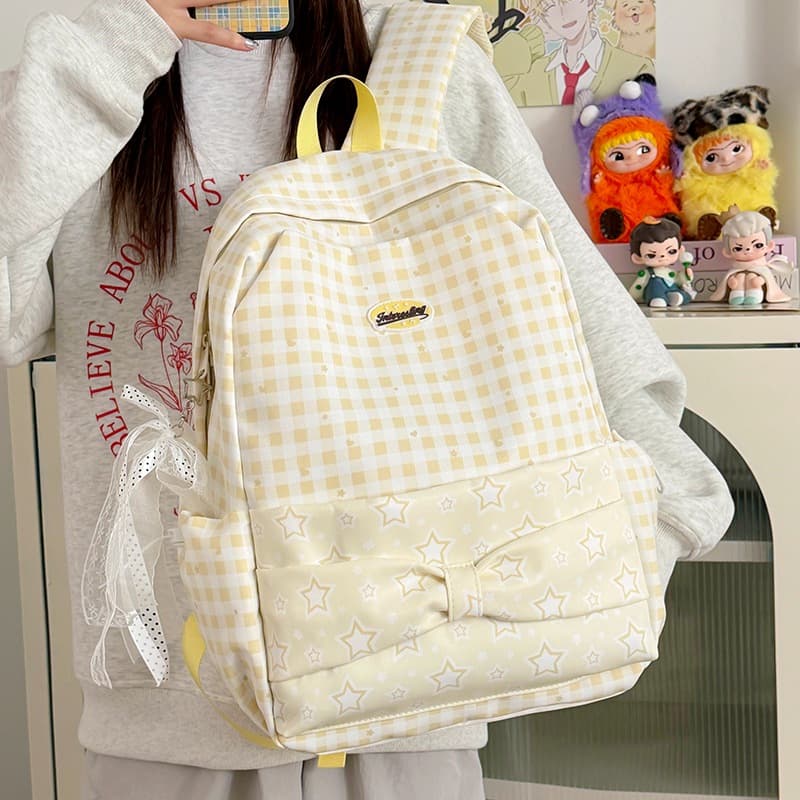 New Student Backpack Korean Plaid Star Backpack Ins Style Cute Bag High Appearance Lightweight Casual Bag