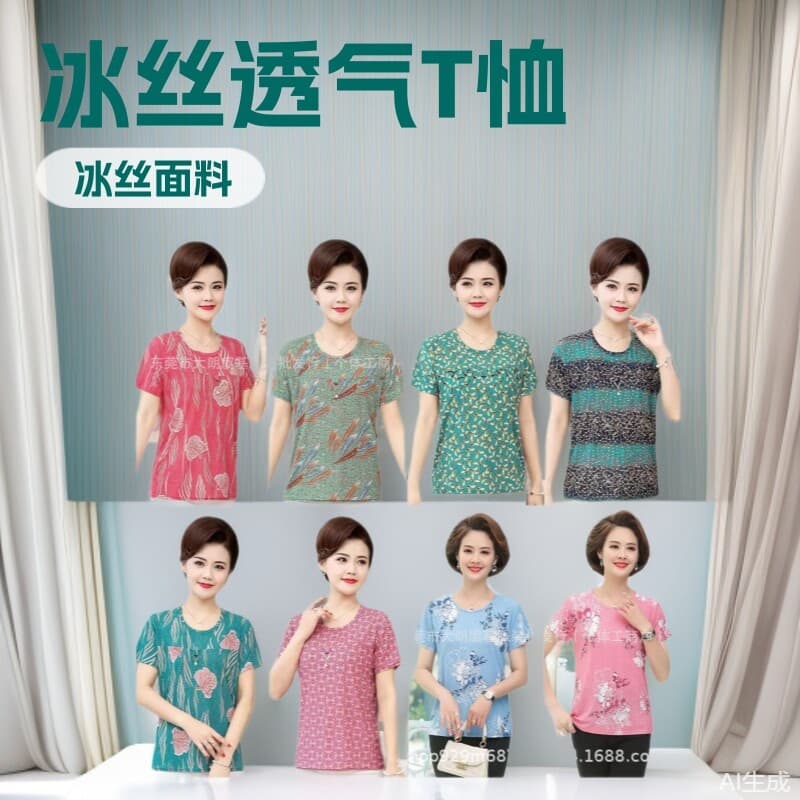 1688 Summer 2 Yuan Ice Silk Top for Middle-aged and Elderly Plus Size Women Short Sleeve T-shirt Mother's New Style Clothes Wholesale