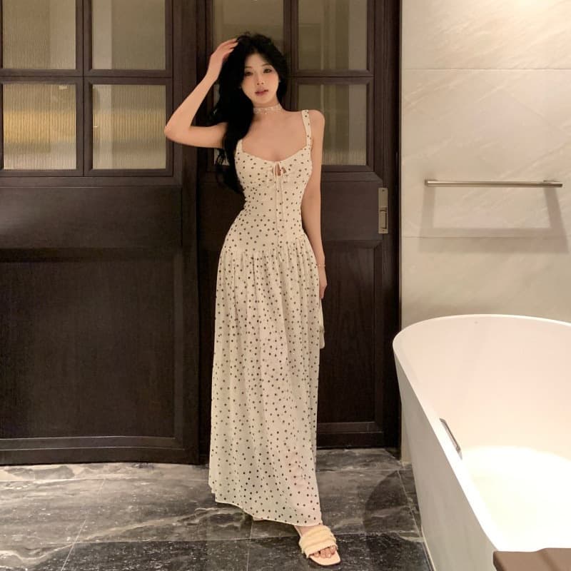 French pure style pinch waist white polka dot suspender dress for women summer pure lust style waist slimming long skirt
