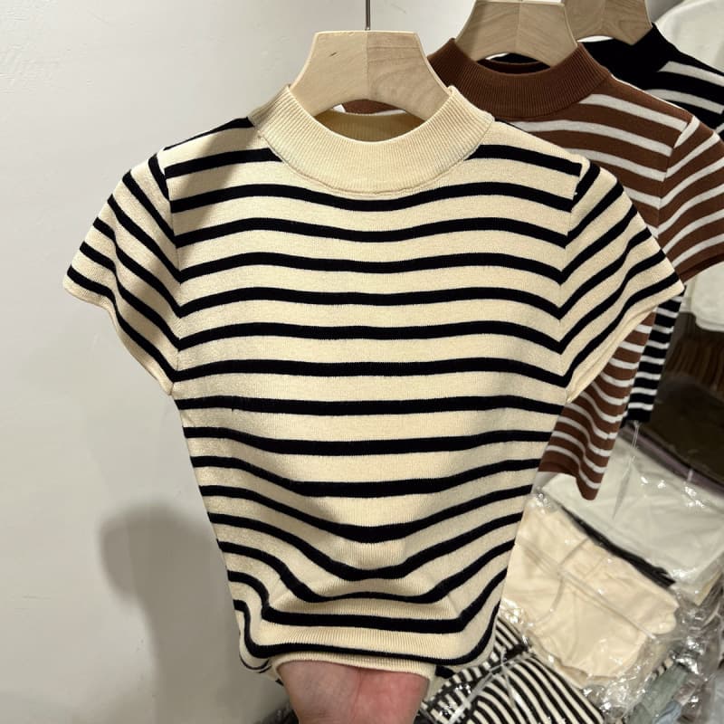 Women's Knit Cardigan Spring Summer Thin Sweater 2026 New Striped Patchwork Round Neck Short Sleeve Top