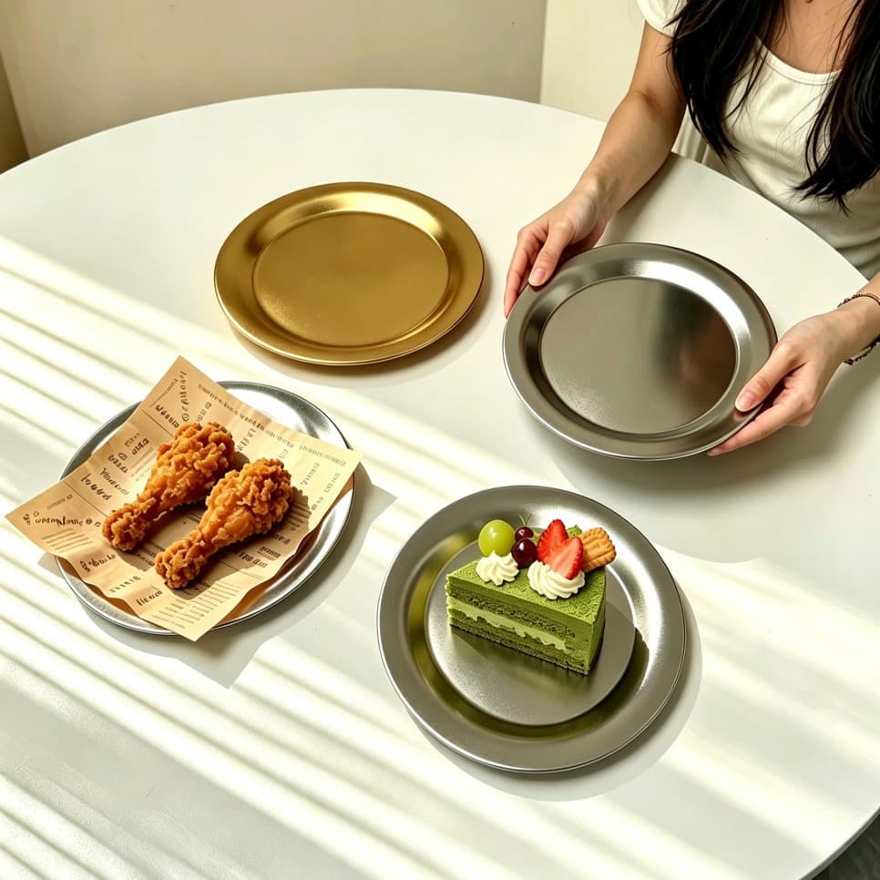 Stainless steel dinner plate, high-looking round cake pasta plate, household flat plate dish tray, snack snack plate
