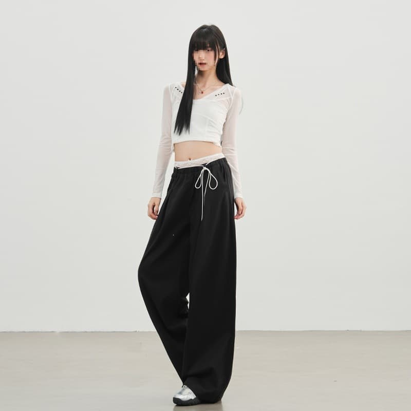 Spring and Summer Casual Black Faux Two-Layer Curved Leg Pants for Women, Lace Double Waistband, Loose Wide-Leg Style
