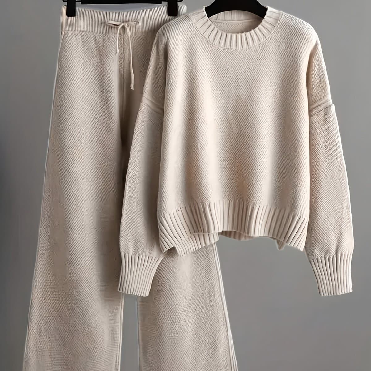 Women's Fall/Winter Knit Two-Piece Lounge Set Casual Solid Color Pullover and Pants