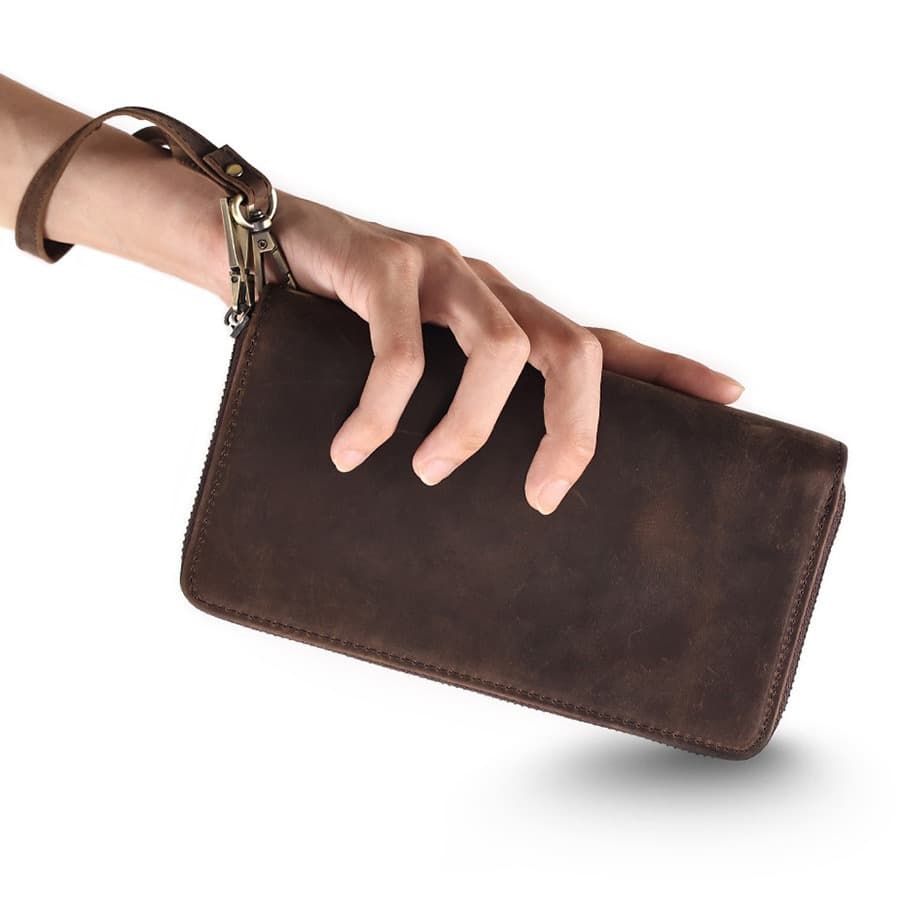 New Genuine Leather Clutch Bag Men's Double Zipper Cowhide Long Wallet Crazy Horse Leather Vintage RFID Money Clip