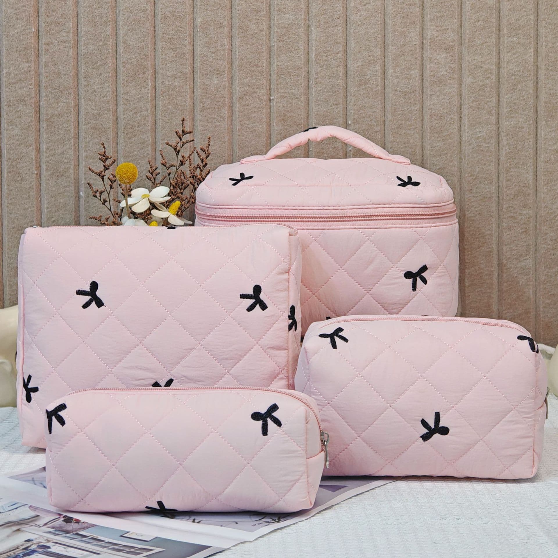 Embroidered Bow Cross-Border Amazon New Product Cosmetic Bag Large Capacity Portable Cosmetic Storage Bag Quilted Bag
