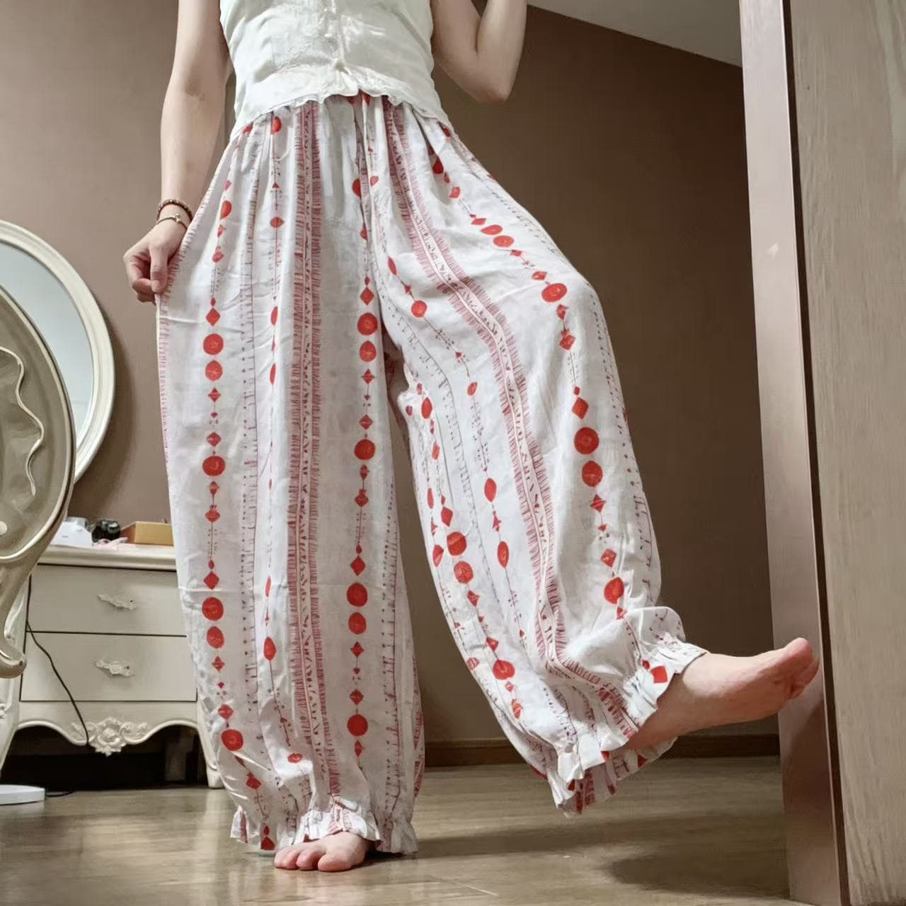Pocketless Cotton Silk Women's Summer Thin High-Waist Loose Printed Casual Pants, Wearable as Home Pants, Cropped Lantern Pants