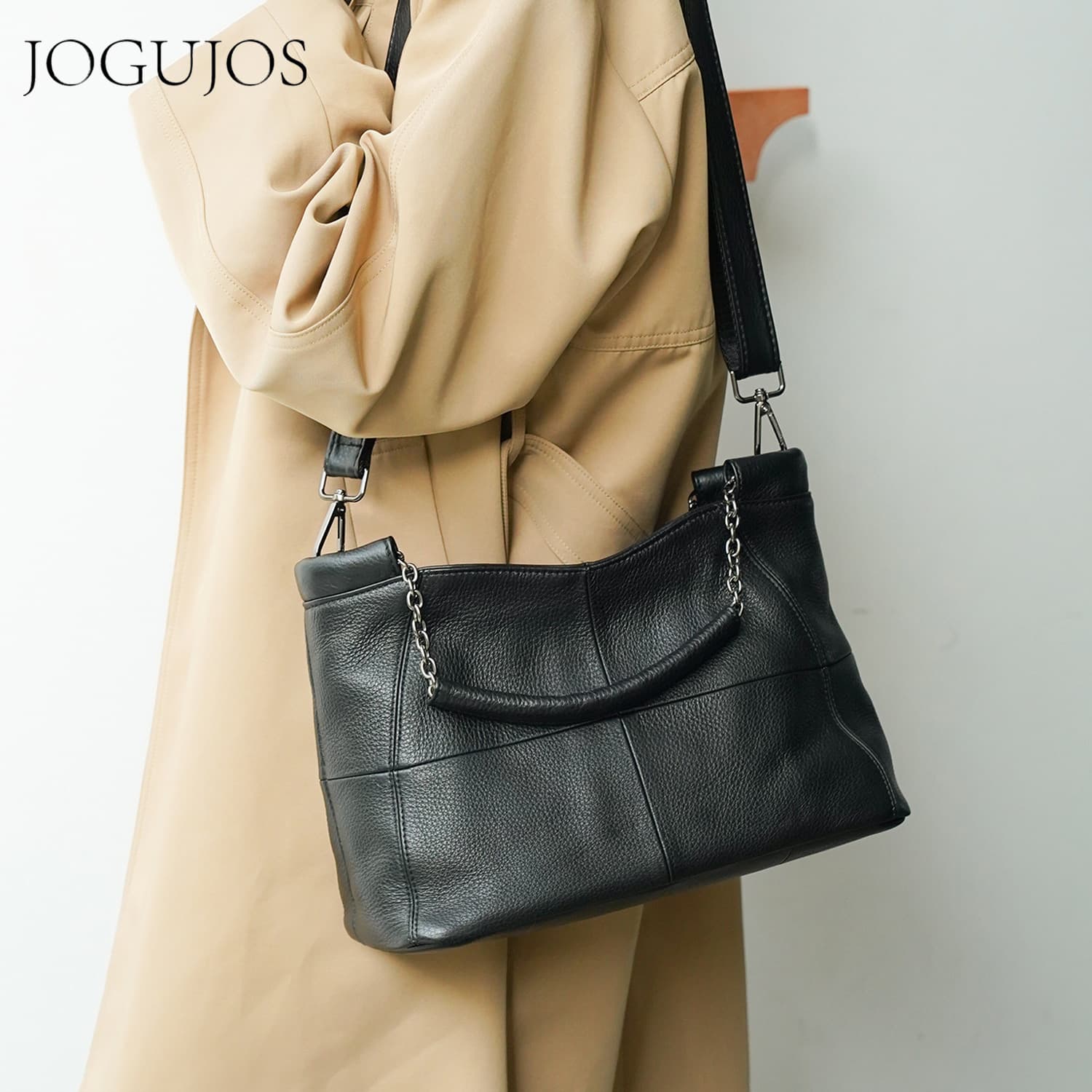 JOGUJOS Genuine Leather Large Capacity Tote Bag for Women, Commuter Casual Chain Handle Handbag, Fashionable Shoulder Bag