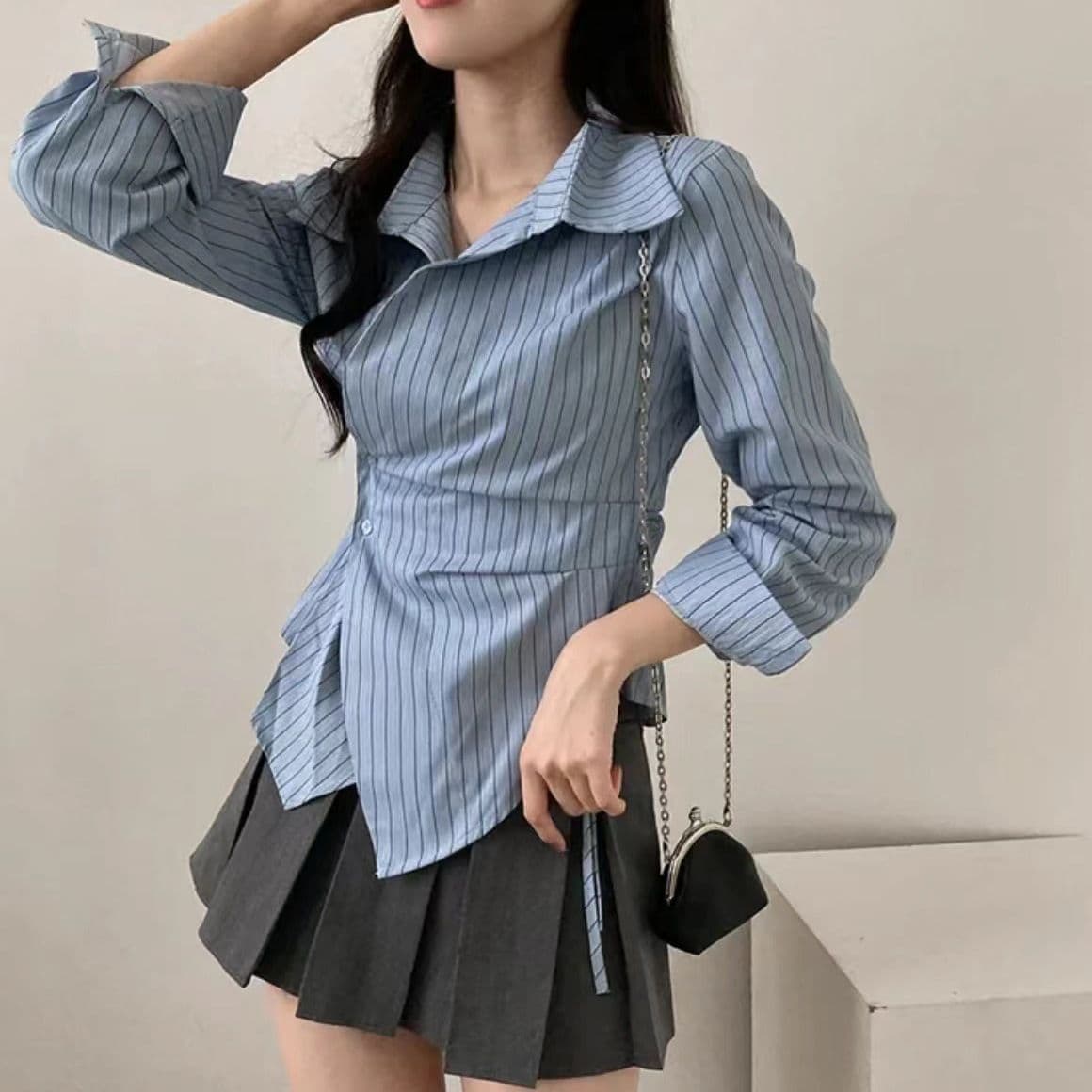 Korean-style Irregular Waist-Cinching Autumn Shirt, Striped Collegiate Blouse, Long-Sleeved New Slim-Fit Top