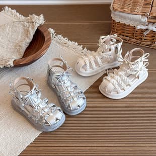 Girls' Sandals 2026 New Style Summer Open-Toe Princess Shoes Girls' Soft Sole Beach Shoes Bowknot Girls' Roman Shoes